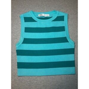 ZARA Women's Striped Sleeveless Knit Crop Top Blue Teal Size Medium